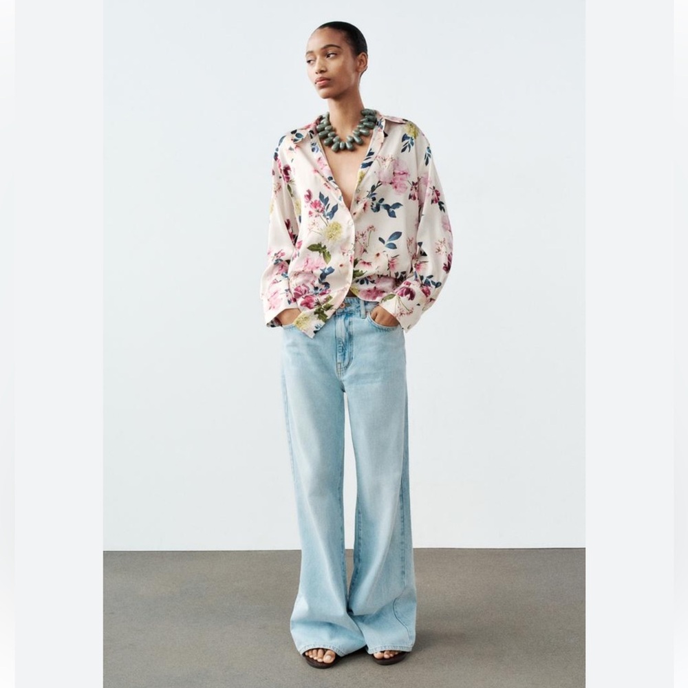 Zara Boho floral satin button down blouse size XS